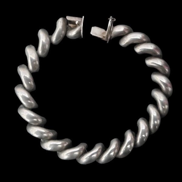 1980s Sterling Silver San Marco Macaroni Link Bracelet, Made in Italy | 80s Vintage Italian 925 Silver Stamped Twisted Rope Design Bracelet