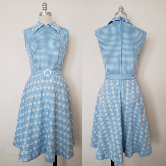 1960s Blue and White Check Fit and Flare Knit Dress b… - Gem