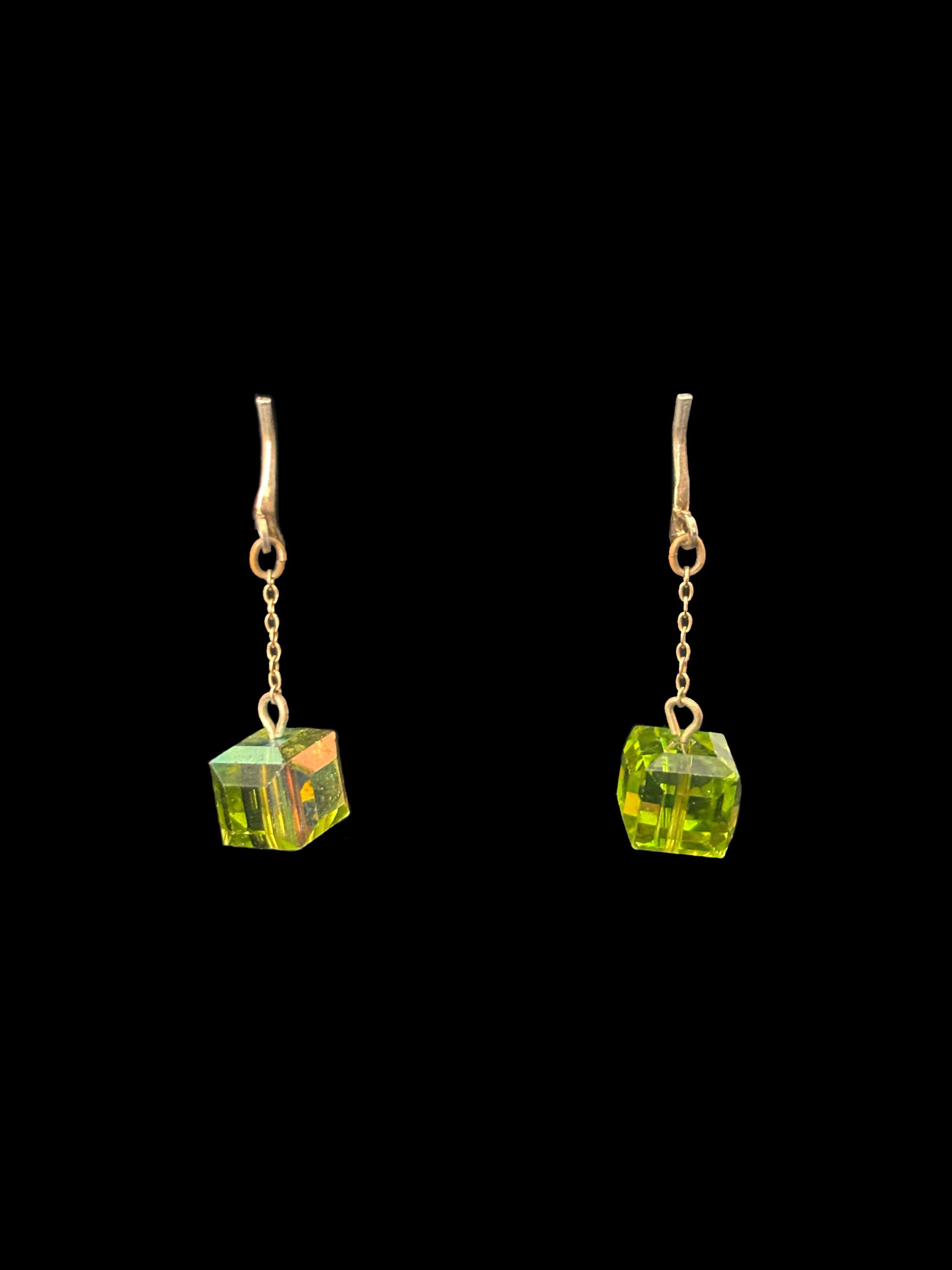1960s Green Crystal and Gold Tone Chain Link Faux Pierced Drop Earrings | 60s Vintage Iridescent Cube Bead Clip-on Earrings