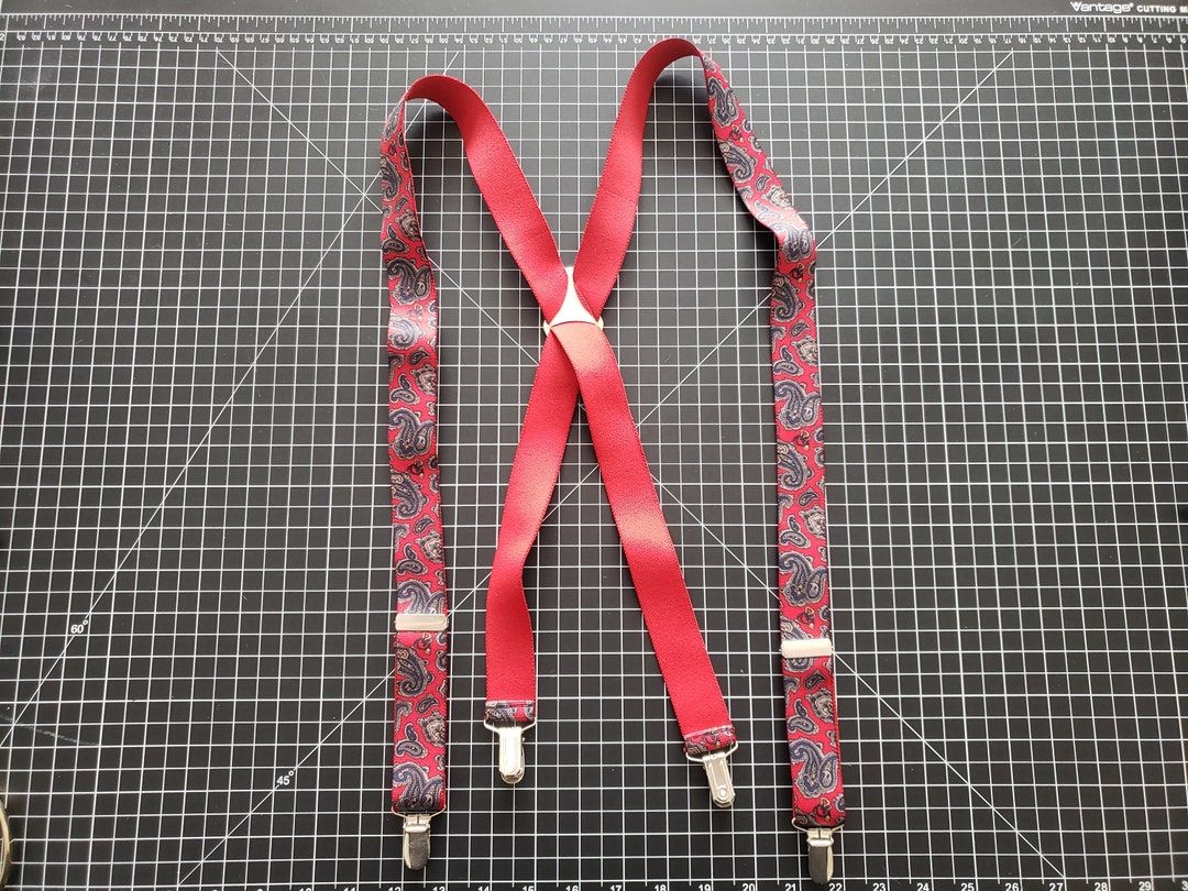 1980s Red Paisley Suspenders 80s Vintage Red, Blue, and Gray Printed