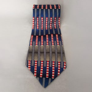 1990s Geometric Printed Silk Tie by Format | 90s Vintage Blue, Red, Black, and White Necktie