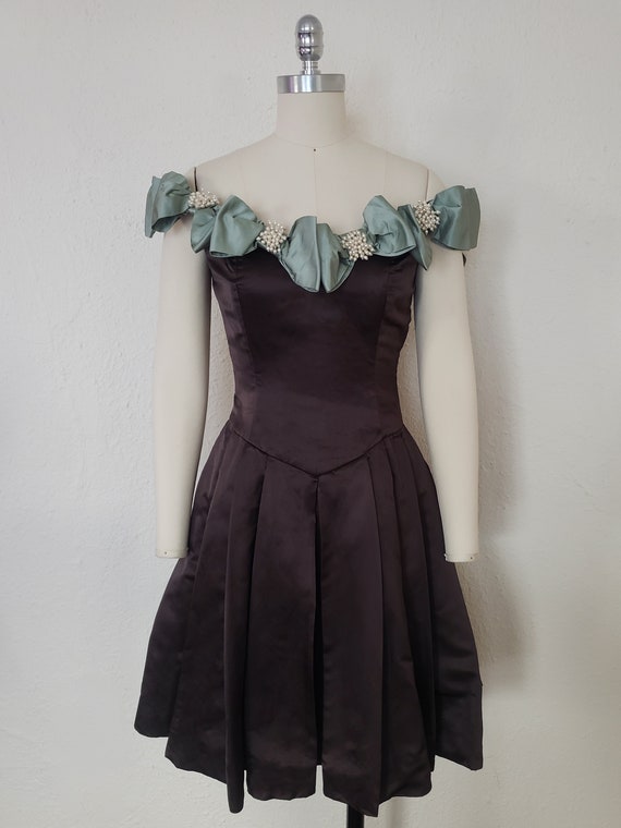 1990s Brown Silk Satin Couture Dress, Extra Small… - image 2