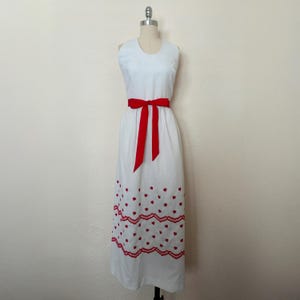 1970s White Pique Halter Dress w/ Embroidery by Mr. B of CA, Small to Medium | 70s White & Red Strawberry Maxi Dress (S, M, 37-30-38)