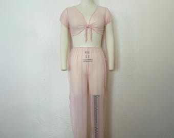 1990s Pink Mesh Tie Top and Pants Set, Small, Medium, Large | 90s Vintage Lingerie Pajama Set (S, M, L, 27 unstretched waist)