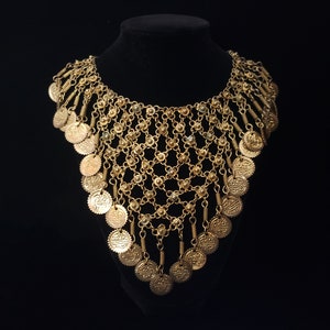 1970s Large Gold Coin Tassel Necklace | 70s Vintage Gold Tone Bib Necklace