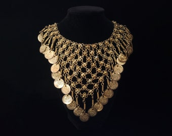 1970s Large Gold Coin Tassel Necklace | 70s Vintage Gold Tone Bib Necklace
