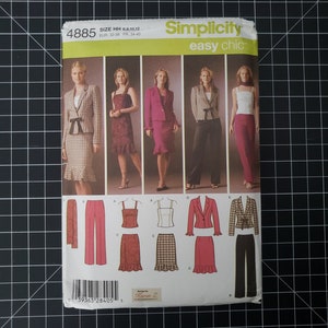 May include: Simplicity Easy Chic sewing pattern featuring various women's suit and dress designs. The pattern includes options for jackets, skirts, pants, and dresses. The cover showcases different outfit combinations, with the pattern number 4885 visible.