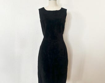 1990s Black Suede Sheath Dress by Bagatelle, Small to Medium | 90s Vintage Black Leather Dress (S, M, 36-28-38)