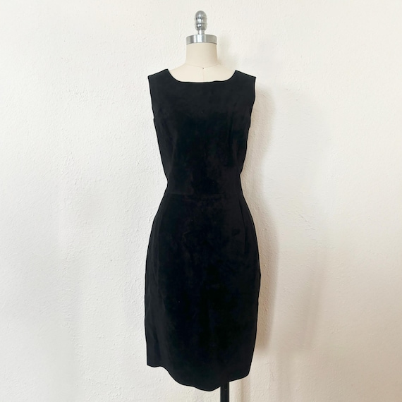 1990s Black Suede Sheath Dress by Bagatelle, Small to Medium | 90s Vintage Black Leather Dress (S, M, 36-28-38)
