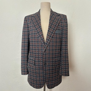 1960s Knit Plaid Sport Coat by Travelknit for Sears, Size Medium to Large | 60s Blue, Red, and Yellow Blazer (M, L, 44 Chest)