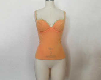 Tal cual, años 2000, nuevo con etiquetas, corpiño de malla naranja y encaje verde de Cosabella, talla extra pequeña a pequeña / Top corsé vintage color melocotón de los años 2000 (XS, S, ajustable)