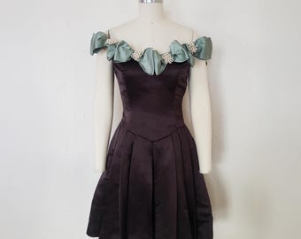 1990s Brown Silk Satin Couture Dress, Extra Small to Small | 90s Vintage Sage Bow and Pearl Beaded Mini Dress (XS, S, 34-24.5-Free)