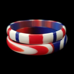 1960s Red, White, and Blue Plastic Bangle Pair 60s Vintage Marbled and Striped Two 2 Bracelet Stack Set image 2