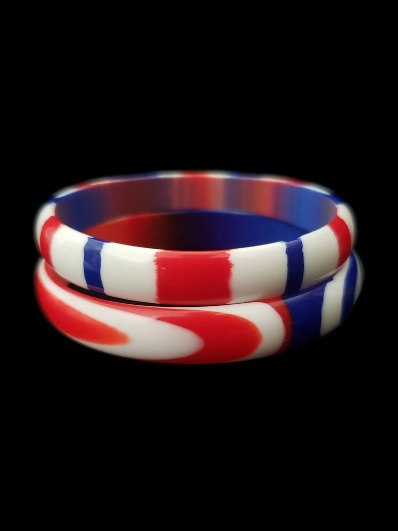 1960s Red, White, and Blue Plastic Bangle Pair 60s Vintage Marbled and Striped Two 2 Bracelet Stack Set image 2