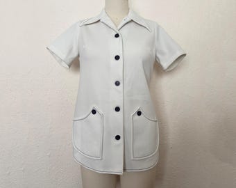 1970s White Shirt with Navy Blue Topstitching & Buttons by First Edition, Small to Medium | 70s Vintage Double Knit Top (S, M, 40-38)