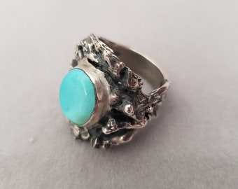 1970s Silver and Faux Turquoise Ring, Size 6.75 | 70s Southwestern Freeform Botanical Ring Oval Stone