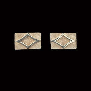 1960s Brushed Gold Tone Rectangular Cuff Links | 60s Vintage Raised Polished Diamond Cufflinks