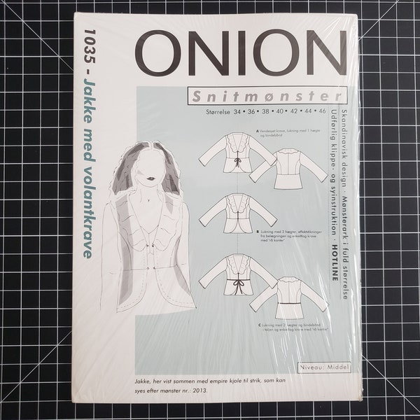 Unopened Onion 1035 Jacket Pattern, Sizes 34-36-38-40-42-44-46 | Vintage Princess Seam Jacket w/ Ruffled Collar and Peplum
