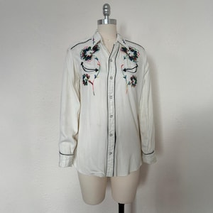 1960s White Pearl Snap Shirt by H bar C, Small to Medium | 60s Vintage Multicolor Embroidered Western Blouse (S, M, 38-35-44)