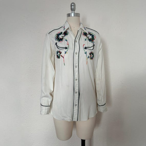 1960s White Pearl Snap Shirt by H bar C, Small to Medium | 60s Vintage Multicolor Embroidered Western Blouse (S, M, 38-35-44)