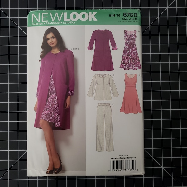 Uncut New Look 6760 Wardrobe Pattern, Sizes 8-10-12-14-16-18, Factory Folded |Separates Pattern w/ Coat, Jacket, Dress, and Pants