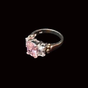 1990s Pink Emerald Cut Cubic Zirconia Statement Ring, Size 7 | 90s 925 Sterling Silver Rhodium Plated Cocktail Ring