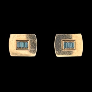 1960s Blue Rhinestone and Gold Tone Rectangle Cuff Links | 60s Vintage Baguette Cufflinks