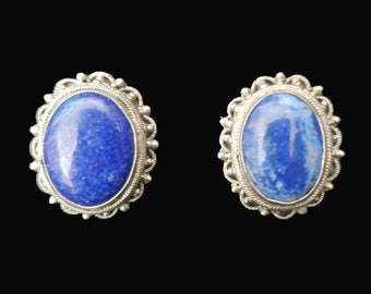 1950s Lapis Lazuli and Silver Screw Back Earrings | 50s Vintage Silver Filigree and Blue Oval Cabochon Earrings