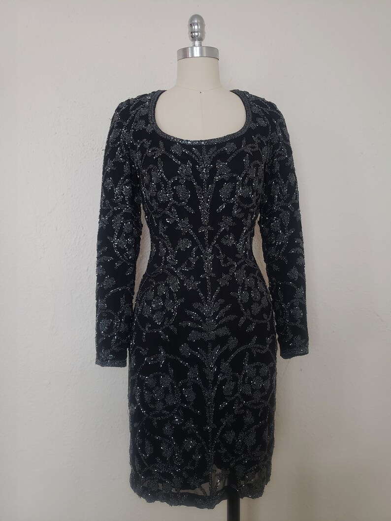 1990s Black Beaded Cocktail Dress by Oleg Cassini, Small to Medium 90s Vintage Pewter Beaded Dress S, M, 38-28-38 image 2