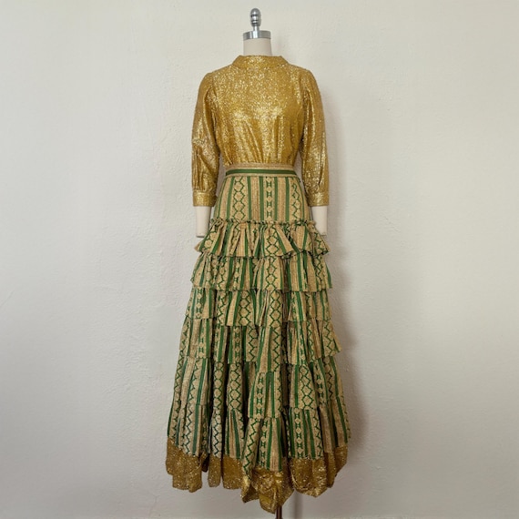 1960s Green Gold Brocade and Lurex Top and Skirt, Small to