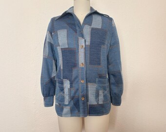 1960s Blue & White Patchwork Denim Look Shirt/Jacket by Mr. Mench, Small to Medium | 60s Vintage Printed Double Knit Shacket (S, M, 40-37)