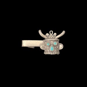 1960s Novelty Silver Tone Mask Tie Clip | 60s Vintage Turquoise Colored Tie Clip