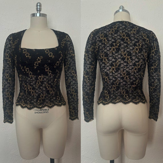 1990s Black and Gold Stretch Lace Top by Moda Int… - image 1
