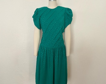 1980s Emerald Silk Drop Waist Dress, Small to Medium | 80s Vintage Green Pleated Bodice Tulip Sleeve Dress ( S, M, 41-36-34)