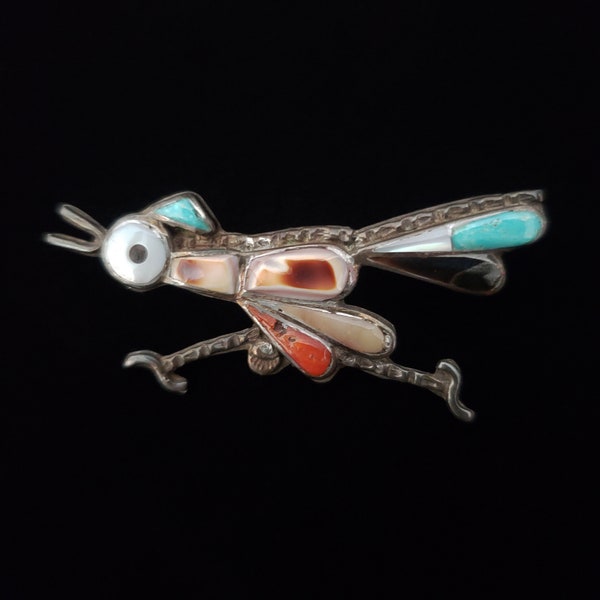 1950s Zuni Roadrunner Silver Turquoise Inlay Brooch | 50s Vintage Silver, Coral, Onyx, and Mother of Pearl Turkey Bird Brooch