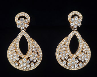 1980s Huge Rhinestone Gold Tone Teardrop Door Knocker Clip-On Earrings | 80s Vintage Large Clip Doorknocker Earrings