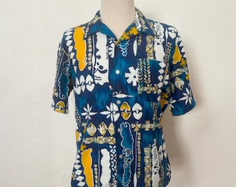 1960s Blue and Yellow Hawaiian Aloha Shirt by Kauai, Size Small to Medium | 60s Floral Cotton Shirt, Made in Singapore (S, M, 44 Chest)