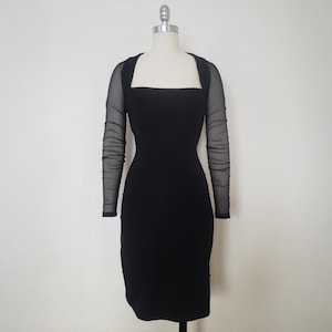 1990s Black Bandage Dress by Moda Int&#39;l, Extra Small to Small | 90s Black Mesh Bodycon Dress (XS, S, 34-28-36)