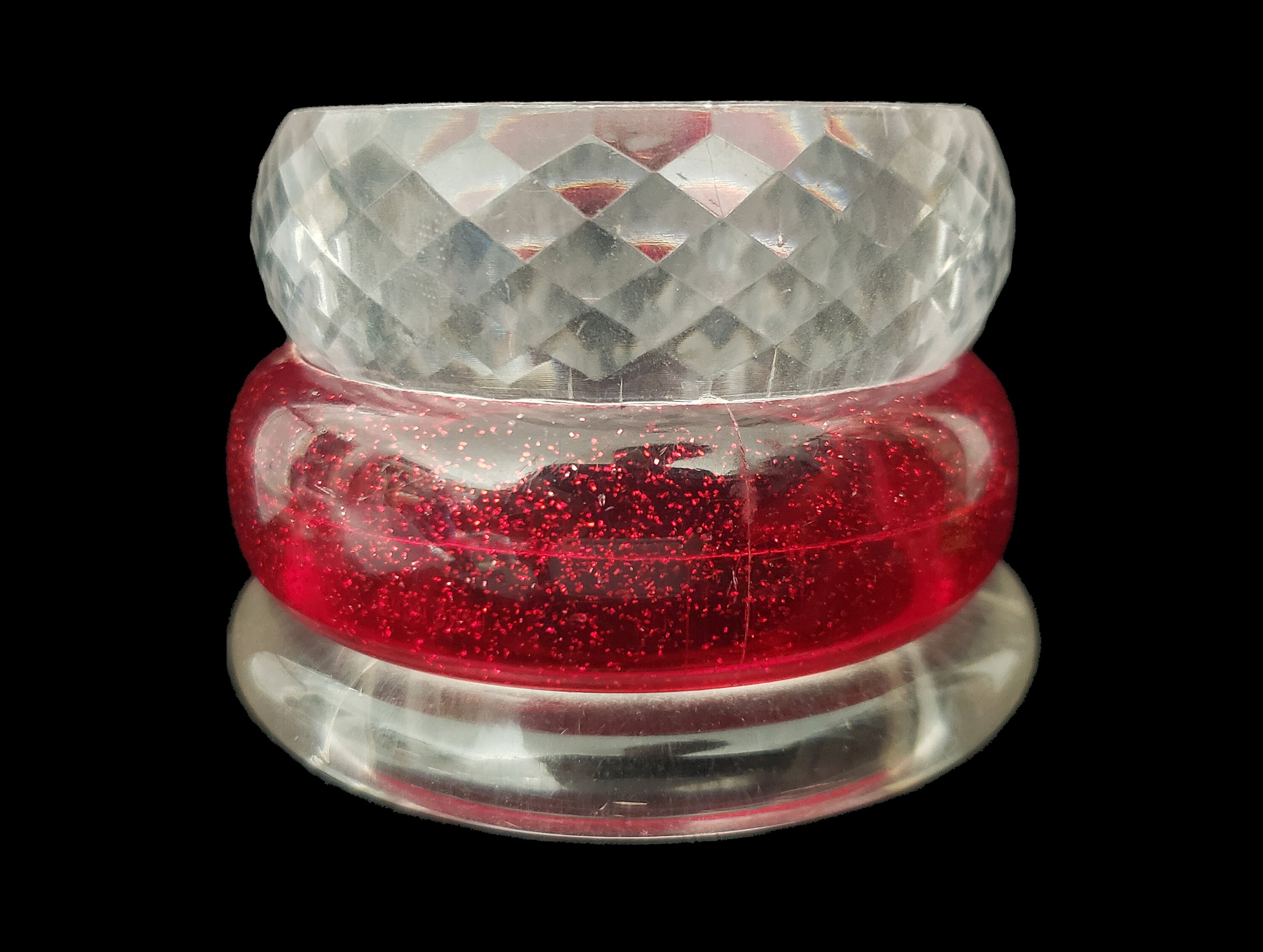 1980s Red and Clear Bangle Set | 80s Vintage Glitter, Tube