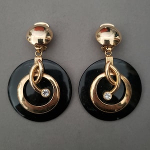 1980s Extra Large Black and Gold Plastic Clip-On Earrings | 80s Vintage Gold Tone, Rhinestone, and Plastic Clip On Earrings