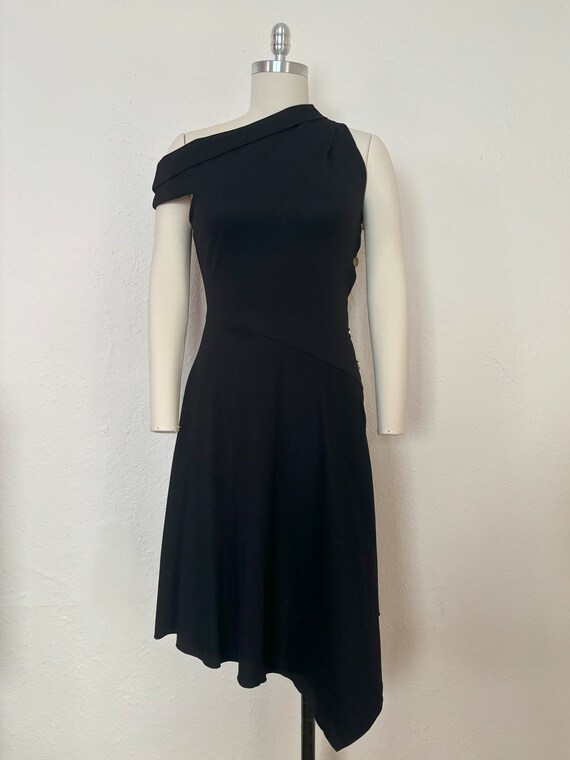 2000s Derek Lam Black One Shoulder Asymmetrical Knit Dress, Small to Medium | Y2K Vintage 10 Crosby Black and Gold Dress (S, M, 36-28-43)