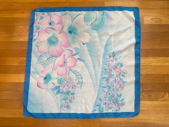 1980s Large Square Floral Polyester Scarf | 80s Vintage Blue, Pink, and White Printed Scarf