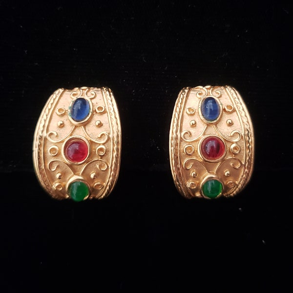 1980s Gripoix Glass Edouard Rambaud Style Clip Earrings | 80s Vintage Etruscan Brushed Gold w/ Blue, Green, and Red Cabochon Earrings