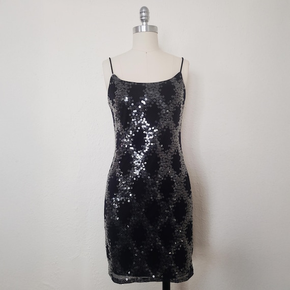 1990s Black Sequin Slip Dress by Hugo Buscati, Extra Small to Small | 90s  Vintage Clear Sequin Embellished Mini Dress (XS, S 32-26-32) - Etsy