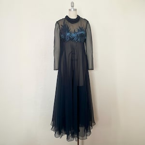 1960s Navy Blue Chiffon Sheer Evening Gown, Small to Medium | 60s Vintage Iridescent Beaded High Neck Maxi Dress (S, M, 40-33-Free)