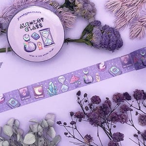 May include: Purple washi tape with a repeating pattern of potion bottles, crystals, and other magical imagery. The tape reads "Alchemy Class" and "The Lovers" and "The Moon".