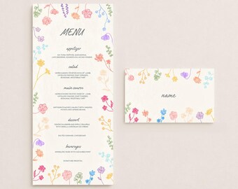 Menu & Place Card Template | Hand Drawn illustrations | Wildflowers Wedding | 0001