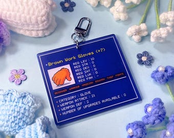 Llavero acrílico con guantes de trabajo marrones / Arte de píxeles nostálgico de Maplestory
