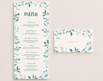 Menu & Place Card Template | Hand Drawn illustrations | Leaves Wedding | 0002
