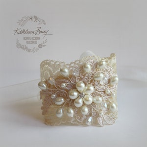 Lace pearl cuff bracelet wrist corsage bridal wedding accessories jewelry ivory cream STYLE: Diane image 1